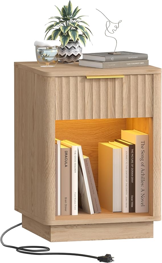 Akxomel Fluted Nightstand Bedside Table with Charging Station Oak | Wooden Side Table with LED Light, Modern Mid Century End Table with Drawer, 15" D x 15.7" W x 22.6" H, for Bedroom