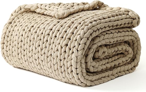 YnM Cotton Weighted Blanket, Handmade Chunky Knitted Design, Soft and Cozy, Temperature Regulating and Breathable, Machine Washable Throw for Sleep or Home Decor (Beige, 43x50 Inch, 10lbs)
