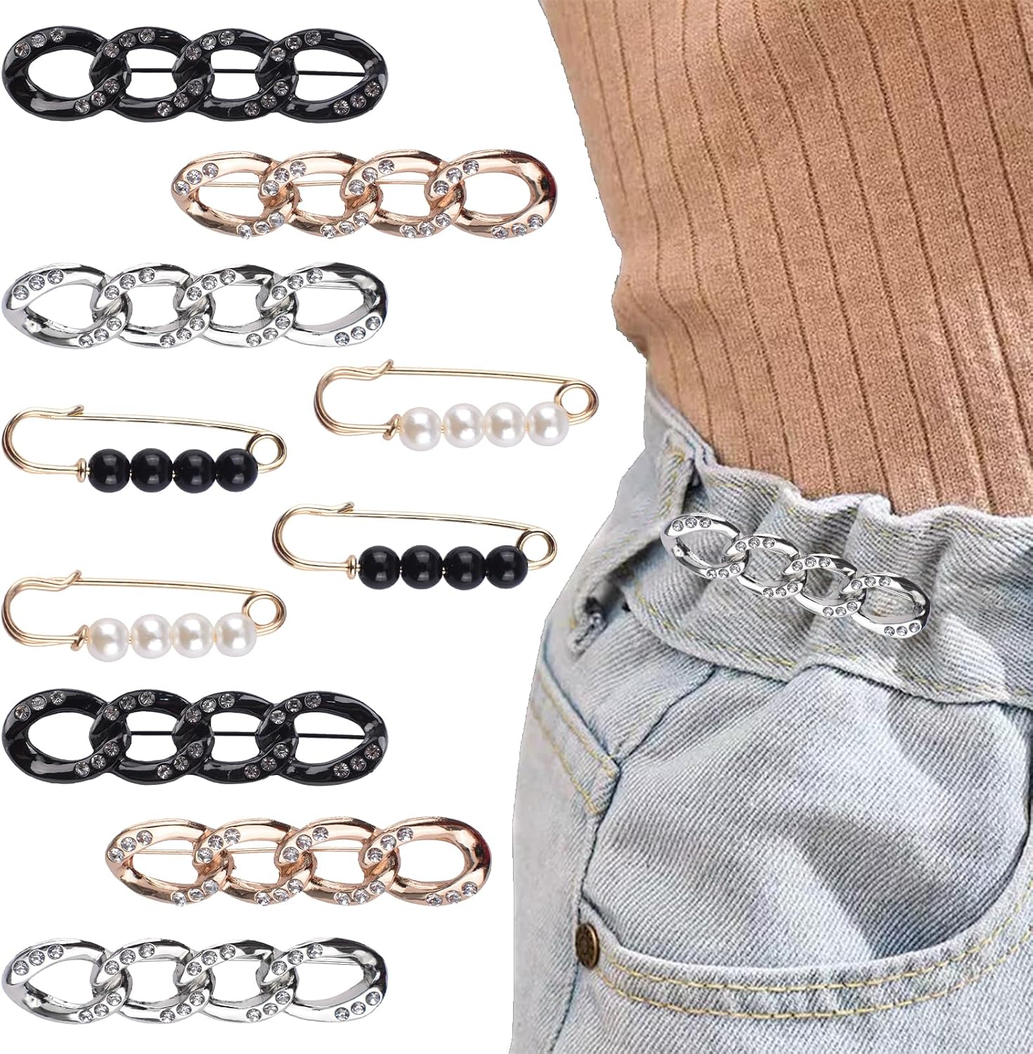10Pcs Set of Chain Pins, Pearl Pins Waist Tightener Safety Pin for Sweater Shawl Collar Dresses Cardigan Clips Elegant Pearl Decor Accessories