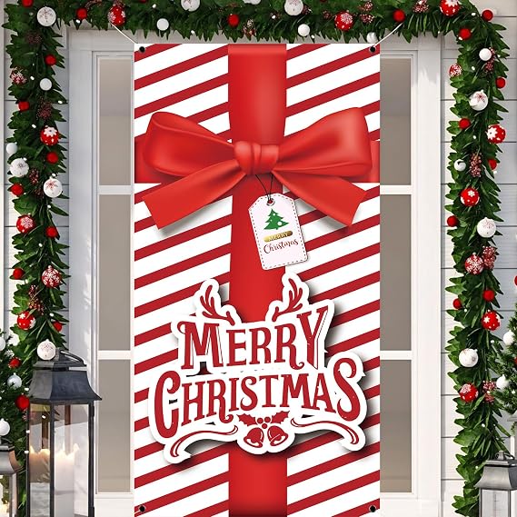 Christmas Door Cover,Christmas Door Decorations Xmas Decorative Front Porch Sign Decoration and Supplies for Home House Party Room Office Decor-71 35 inches (Red and White)