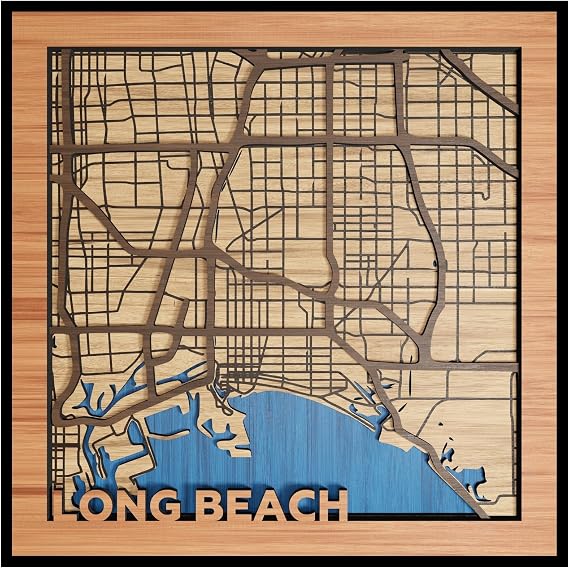 MarqArt Fathers Day Gift, Long Beach, California Wood Map for Dads Desk, Den, or Office Nook