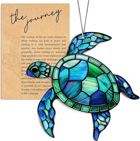 Turtle Ornament, Beach Christmas Ornaments for Tree, Beach Gifts for Women | 4.3"x 3.7" Acrylic Vivid Color Turtle Suncatcher Ornament with Story Card Faux Stained Glass, Ready-Gift Package Ornament