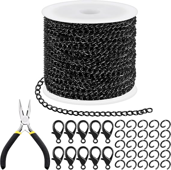 Tanstic 102Pcs 30 Feet Jewelry Making Chains Necklace Chains Bulk Cable Link Chain with 50Pcs Jump Rings, 50Pcs Lobster Clasps, Pliers for Bracelet Necklace Making(Black)