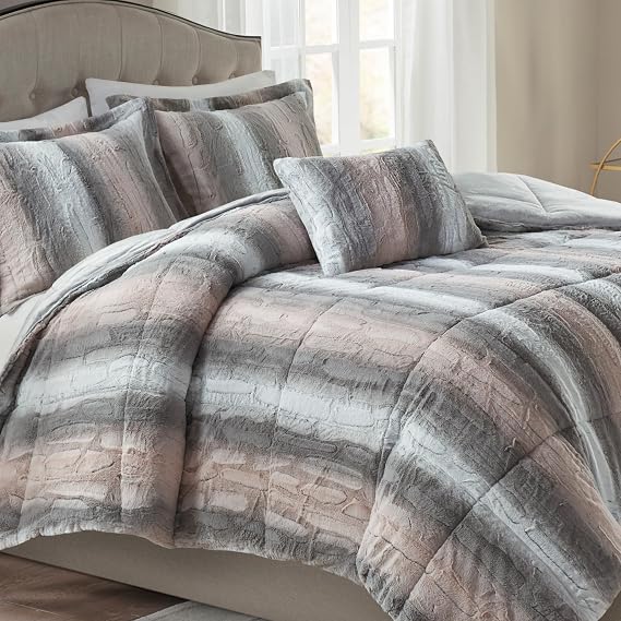 Madison Park Zuri Faux Fur Comforter Set, Full/Queen, 4 Piece, Blush/Grey