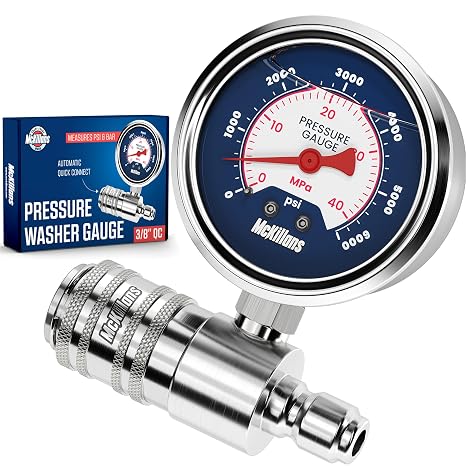 McKillans High Pressure Washer Gauge - Push-to-Connect 3/8" Automatic Quick Connect - Stainless Steel - up to 6000 PSI - Measure Both PSI and MPa - Power Washer Pressure Gauge