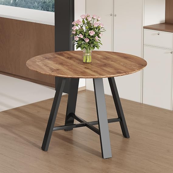 42 Inch Round Tables,Modern Round Dining Tables with Wood Table Top and Stainless Steel Legs,Upholstered Circle Table for Dining Room,Small Spaces,Kitchen(Brown)