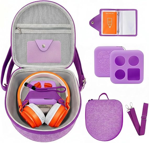 Hard Case Compatible with Yoto Mini (2024 Edition), 3-in-1 Travel Bundle: Silicone Cover + Case with Shoulder Strap (Fits Mini Player & Headphones) + Up to 10 Card Holder for YOTO Cards (Purple)