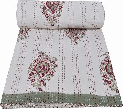 YUVANCRAFTS Indian Block Print Quilt Queen Kantha Quilts Kantha Throw Kantha Bedspread Blanket Cotton Bed Cover Vintage Quilt Boho Kantha Quilts Queen Size Quilt Blanket Twin 90 X 60 Inch, White 2