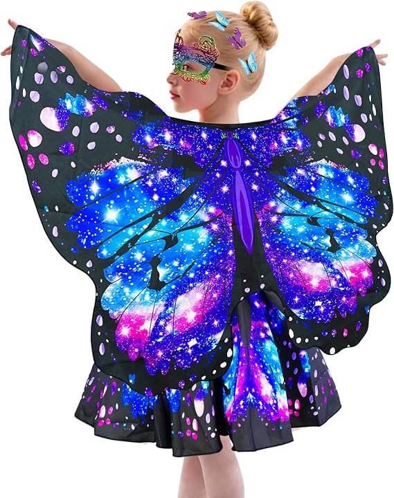 Sunlisky Kids Butterfly Wings Costume for Girls Fairy Wings Dress Up Clothes Headband Mask for Halloween Party Favors
