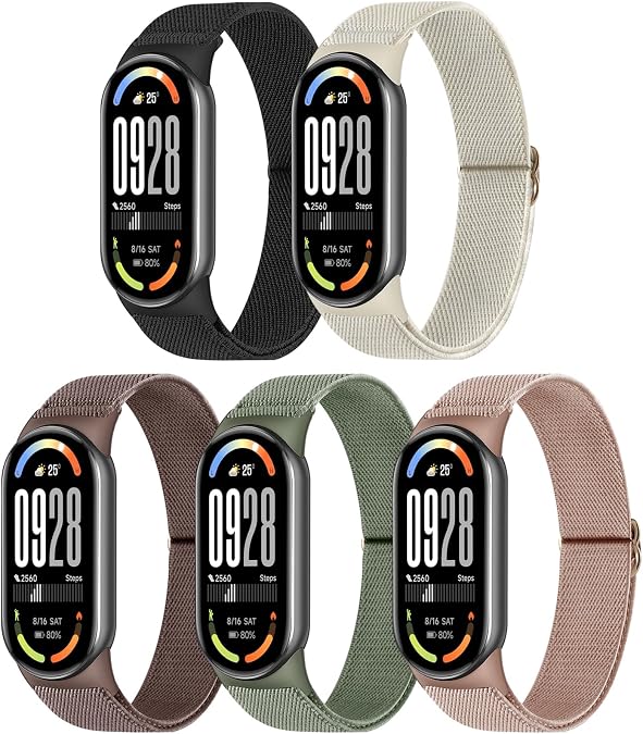 Pack of 5 Mi Band 9 Bracelet/Mi Band 8 Bracelet Men Women Adjustable Stretchy Nylon Bracelets Sports Replacement Wristband for Xiaomi Smart Band 9/Xiaomi Smart Band 8