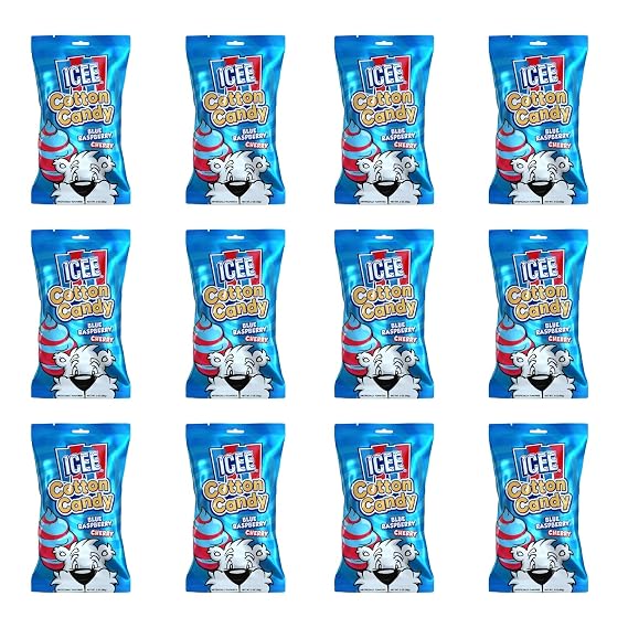 ICEE Cotton Candy Display Case | 3oz Bags | 12 Count | Blue Raspberry & Cherry | Soft, Fluffy Carnival Candy | Perfect for Parties, Events & Gifts