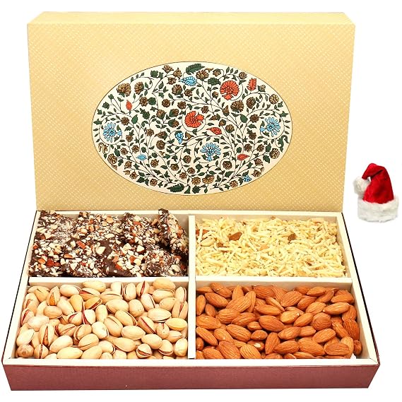 Ghasitaram Gifts Christmas Gifts Chocolates Hampers - Eco 4 Part Print Hamper Box with Almonds, Pistachios, Namkeen and English Brittles Chocolates 600 GMS