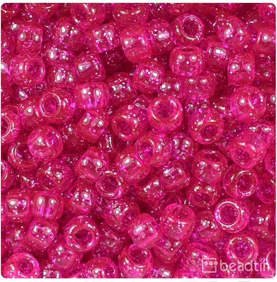 BeadTin Bright Pink Sparkle 9mm Barrel Plastic Pony Beads (500pcs)