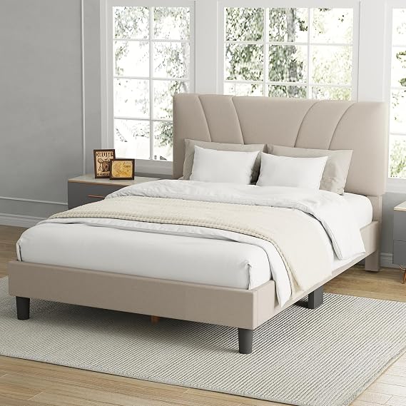 Avenco Queen Bed Frame, Upholstered Platform Bed Frame with Adjustable Headboard, Wood Slat Support, Easy Assembly, No Box Spring Needed, Beige