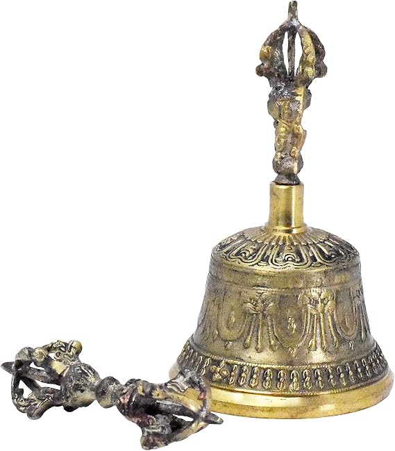 Mudra Crafts Antique Brass Tibetan Bells and Dorje Vajra Set for Meditation & Yoga Medium Handmade Buddhist Ghanta Hand Bell for Altar, Reiki, Temple Prayer & Spiritual Cleansing