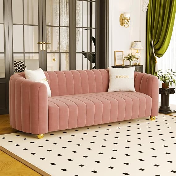 83" Pink Velvet Couch Mid Century Modern Sofas 3-Seat with Solid Wood Frame 2 Same Color Pillows Gold Couch Legs Comfy Couches for Living Room