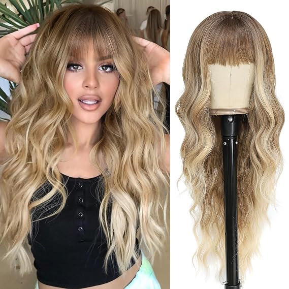 NAYOO Pelucas largas de color marrón oscuro con flequillo para mujer, pelucas de cabello rizado y ondulado, pelucas de fibra sintética resistentes