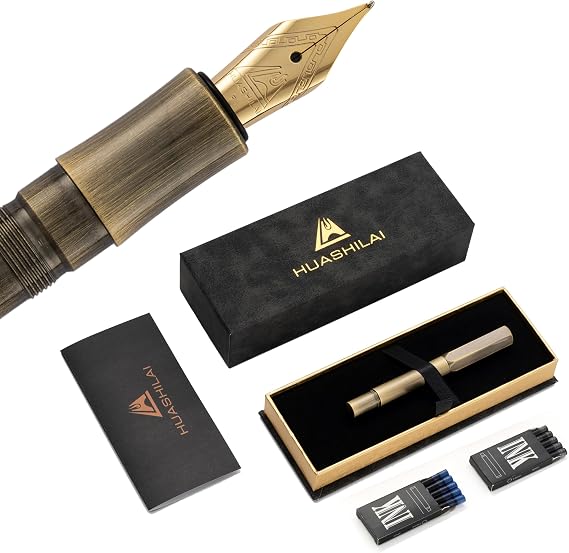 Luxury Solid Brass Fountain Pen Set for Writing & Calligraphy - Choose Antique or Matte Black Finish. Includes 10 Ink Cartridges & Premium Gift Box (Fine Nib, Antique Brass)