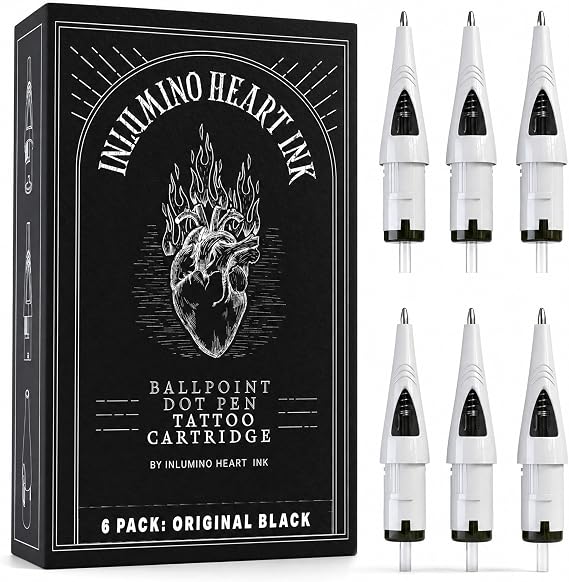 Inlumino Heart Ink Ballpoint Pen Tattoo Cartridge for Tattoo Practice 0.5mm Original Black Ink Tattoo Cartridge 6pcs for Beginners to Learn Tattoo Method - Ink Dot Pen Cartridge | タトゥー練習用カートリッジ 回転式タトゥーマシン用 油性インク 滑らかな流れ 初心者 タトゥーアーティストフレンドリー