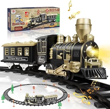 Electric Train Set, Ages 4-8 Christmas Train with Locomotive, Passenger Car, 6 Curves, LED Light & Sound Indoor Toy for Kids, for Holiday Village or Train Table