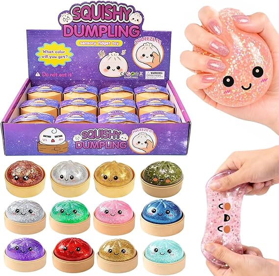 12PCS Dumpling Squishy Glitter, Mini Real Bun Mystery Dumpling Stress Relief Set Pack, Slow Rising Dumpling Stress Balls for Adults