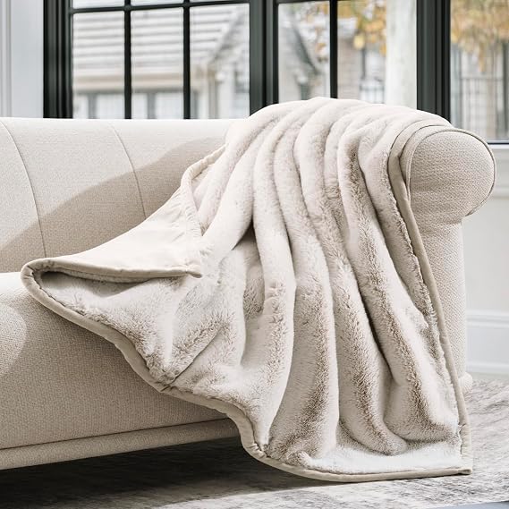 EVERGRACEHOME Mink Faux Fur Throw Blanket, Tipped Champagne Ivory, 60"x80"