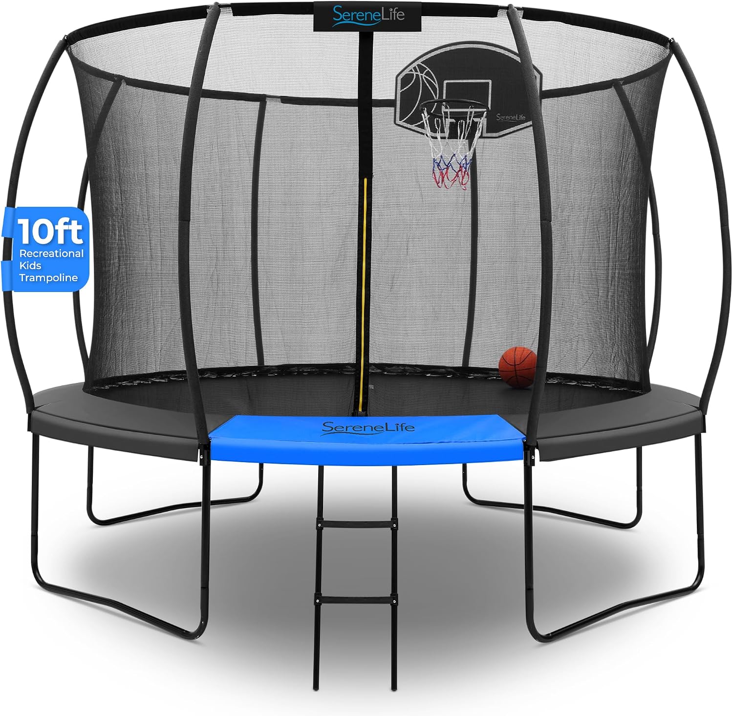 SereneLife 8FT 10FT 12FT 14FT Outdoor Trampoline for Kids - Recreational Backyard Trampoline with Curved Safety Poles, Net Enclosure, Ladder & Basketball Hoop - ASTM Approval for Kids Adults