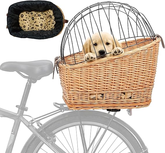 Rear Bike Basket for Dogs, Wicker Pet Bicycle Carrier for Small Dog Cat with Protective Grille Liner Eco Friendly Natural Rattan Doggy Back Luggage Rack Seat (Brown Style1)