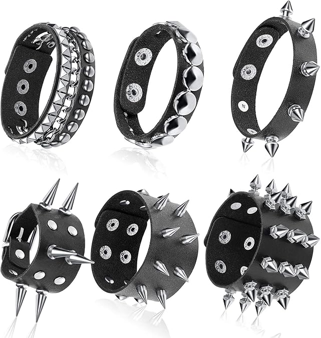 Hicarer 6 Pcs Spiked Studded Punk Leather Bracelets Cuff, Classic Style