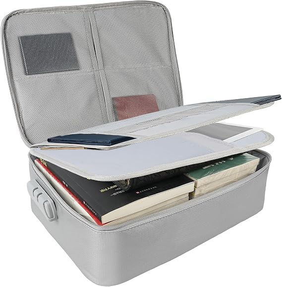 Fireproof Document Box, Waterproof and Fireproof Document Storage Bag, Portable Home Fire Safe Storage Box Case with Lock for Documents, Deed and Birth Certificate, Grey