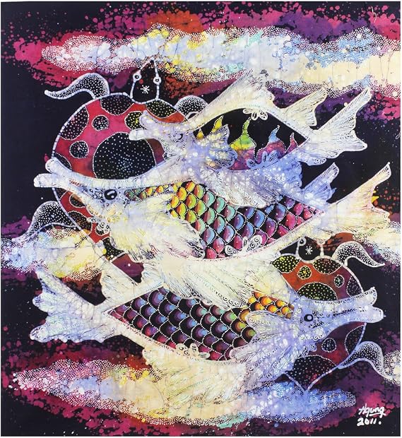 Batik Art Painting,#39;Fish & Longevity (Black BG)' by Agung (45cm x 50cm)