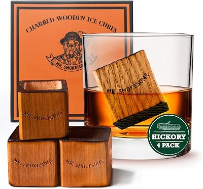 Charred Wooden Bourbon and Whiskey Stones Set | 4 HICKORY Cubes | Wood Reusable Ice Cubes for Whiskey Glasses | Whiskey Gifts for Men | Charred Like A Whiskey Barrel | Ice Cube Bourbon Gifts For Men