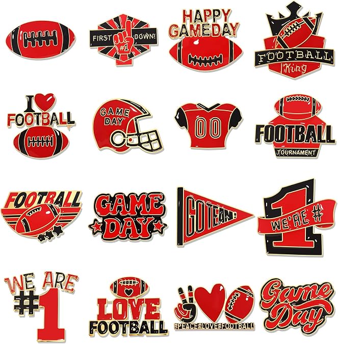 16pcs Game Day Brooch Pin Set Football Touch Down Brooches Team Spirit Jewelry Football Mom Accessories Sport Party Gifts