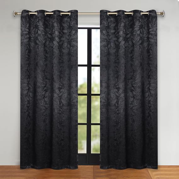 SUPERIOR Blackout Curtains, Room Darkening, Bedroom, Drapes, Kitchen, Living Room Window Accents, Sun Blocking, Thermal, 2 Pack, Leaves Blackout Curtains, Set of 2, 52" x 108", Black