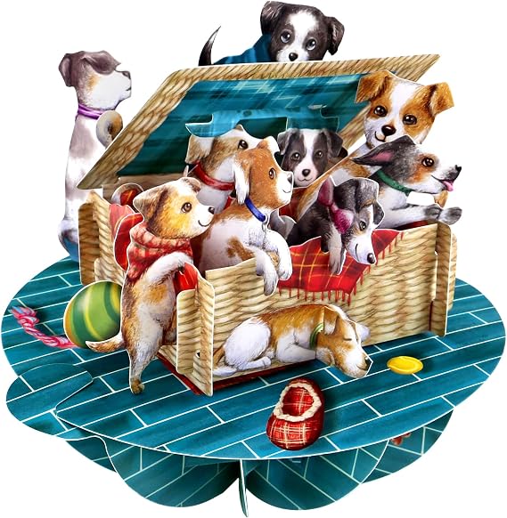 Santoro Pirouette 3Dポップアップグリーティングカード - バスケットの中の子犬 - 犬と子犬のバースデーカード 彼女 彼 子供 娘 息子