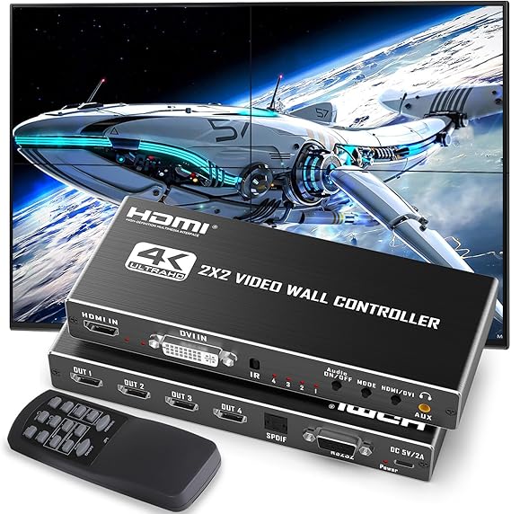 HDMl Video Wall Controller 2X2 with RS232, 4 TV Screens into 1 Wall Display, HDMI 4K 2X2 TV Wall Processor, 180 Rotate, Audio Extractor, 8 Splicing Modes1x1, 1x2, 1x3, 1x4, 2x1, 3x1, 4x1