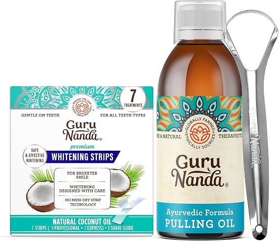GuruNanda Original Oil Pulling with Tongue Scraper & Teeth Whitening Strips - 7 Treatments with 14 Strips - Enamel-Safe Strips for Sensitive Teeth