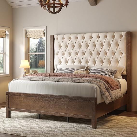 Jocisland Solid Wood Queen Size Bed Frame, 57" Tall Farmhouse Platform Beds, Upholstered Line Wingback Headboard, Deep Button Tufted, No Box Spring Needed, Easy Assembly, Dark Walnut