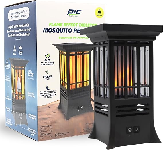 PIC Tabletop Solar Mosquito Repellent with Flame Effect, Essential Oil Formula, Auto-Activates at Dusk, 15-Foot Coverage, 18-Hour Refill Cartridge