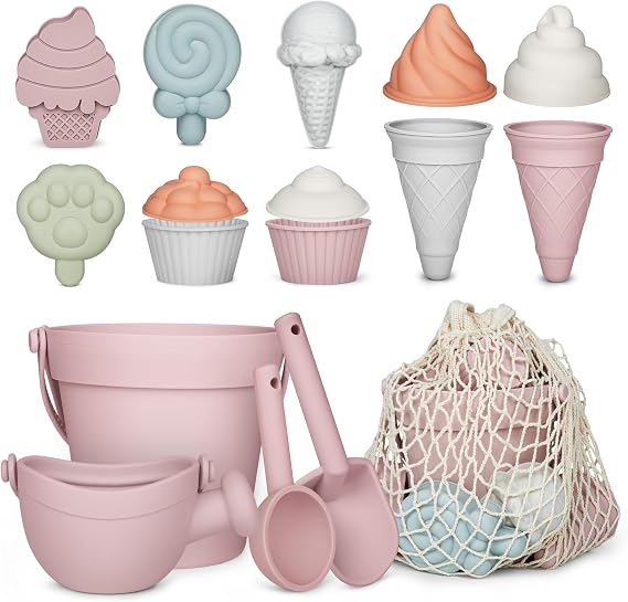 MarcZero 17Pcs Silicone Beach Toys Set for Toddlers Sand Toys, Pink