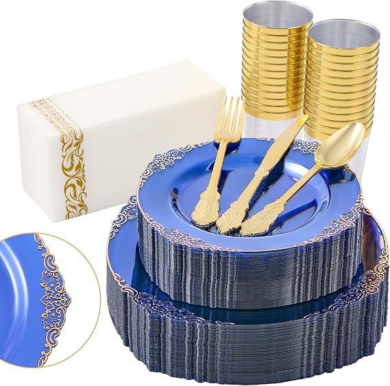 Fijinhom 350PCS Blue Plastic Plates and Cups and Napkins Sets for 50 Guests