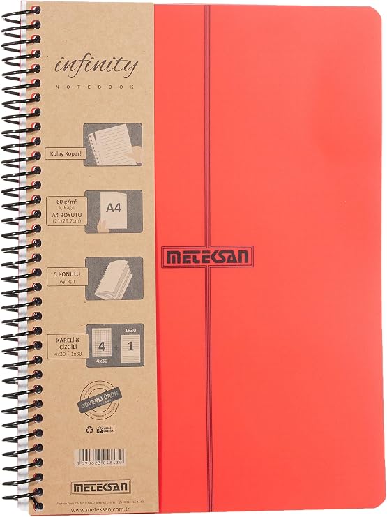 Meteksan Infinity Primary Serisi, A4, 5 Konulu (4 Kareli, 1 Çizgili) 150 Yaprak PP Kapaklı Spiralli Defter, Kırmızı