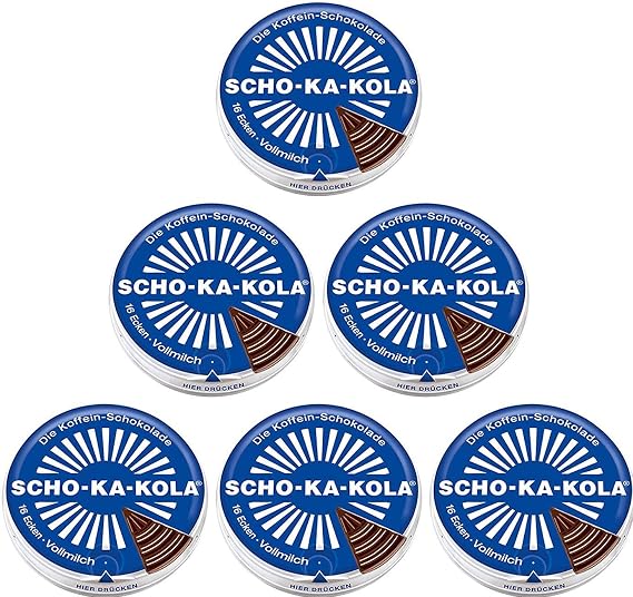 Milk Chocolate SCHO-KA-KOLA with natural Caffeine from Cocoa, Cola-Nut-Powder and Coffee 6 tins x 100 gGermany