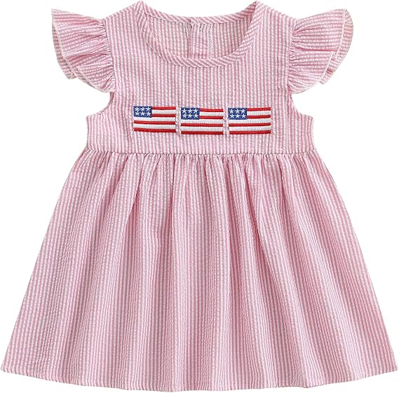 Toddler Baby Girl 4th of July Outfit Flag/Bow Embroidery Smocked Dresses Fourth of July Dress Patriotic Clothes