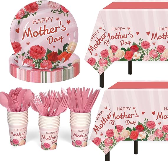 Childom Mothers Day Decorations for Party,132 Pcs Disposable Mothers Day Plates Tablecloth Cups Knives Spoons Forks for Party Supplies,Plates Tableware for Moms Birthday,Home,Brunch,Dinner,Serves 26