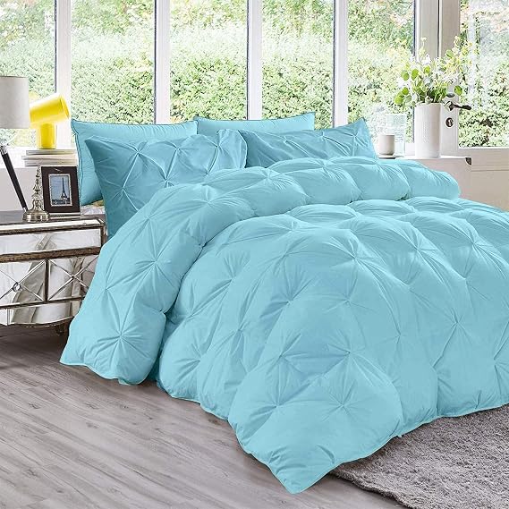 All Season 3Pc Down Alternative Comforter Set| 100% Organic Cotton 1000TC| 500GSM| Pinch Pleated| Soft| Fluffy| Light Weight| Standard Queen Size| Aqua Blue