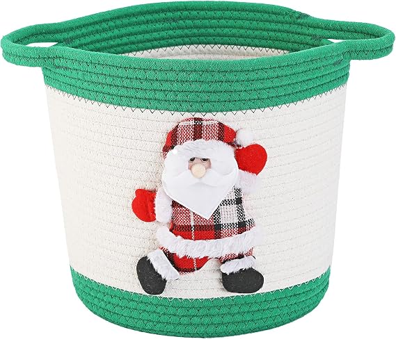 Christmas Gift Basket Empty, Christmas Decoration Storage Basket with Handle for Holiday, Baby Gift Basket for Toys, Towels, Diapers, Woven Cotton Rope Basket With Santa Claus, Green