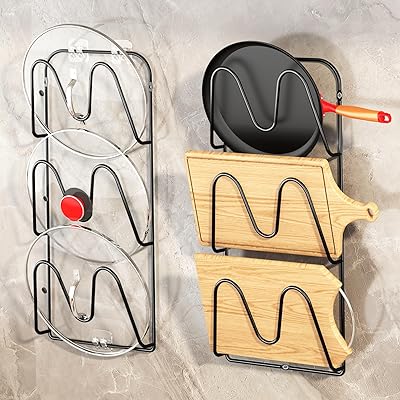 2 Pack Pot-Lid-Organizer, 6-Tier Pots and Pans Lid Organizer Under Cabinet, No Drilling, Rustproof, Lid-Organizers-Inside-Cabinet for Small-Space-Solution & Kitchen Cabinet Organization