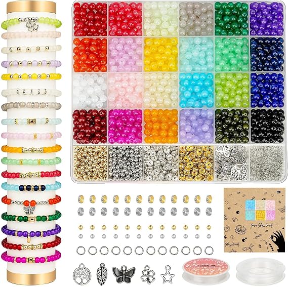6mm Glass Beads Bracelet Making Kit 1400pcs, 24 Colors Crystal Beads for Jewelry Making Round Beads DIY Crafts with Spacer Beads Charms Accessories | 24 Colors Round Glass Bead for Jewelry Making DIY Crafts with Spacer Beads Charms Accessories