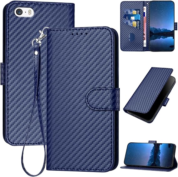 Compatible iPhone 5 Case, Notebook Type, iPhone SE 1st Generation, Carbon Fiber Style, Stylish, Simple, Lightweight, Thin, Stand Function, Comfortable to Touch, Anti-Fingerprint, Good Heat Dissipation, Shockproof, Royal Blue